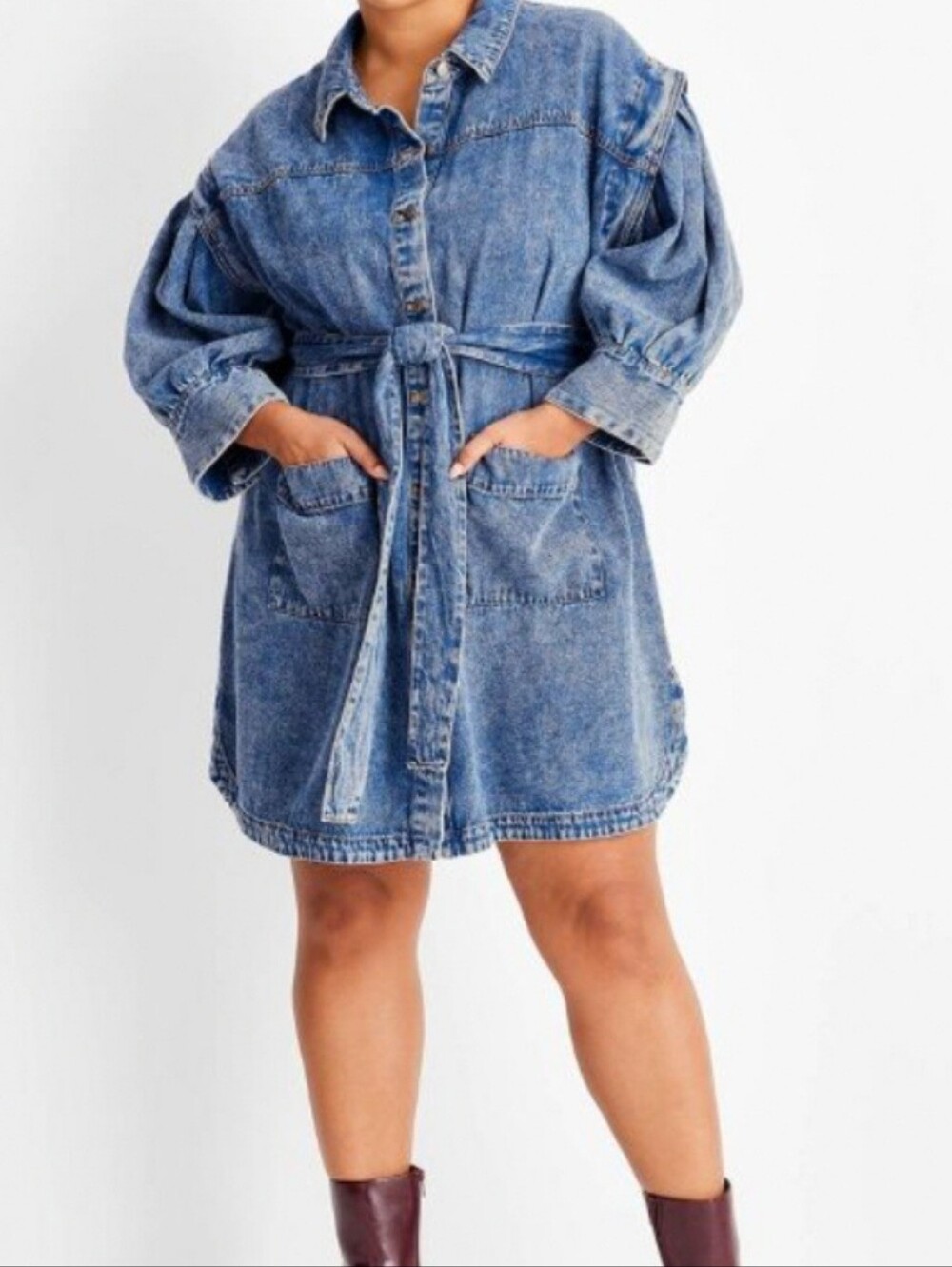 Future Collective Kahlana Barfield Brown Denim Puff Sleeve Shacket Dress 16/18